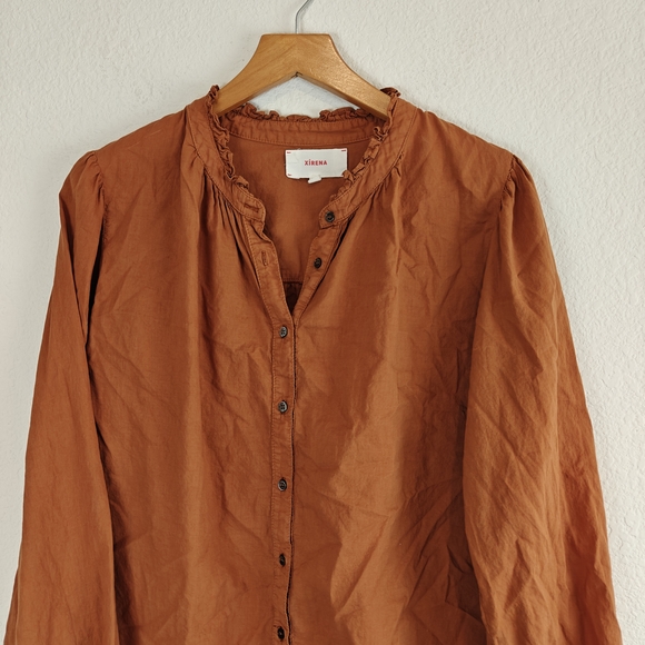 Xirena Orange Cotton Ruffle Neck Button Down Blouse | Relaxed Boho Coastal Chic - Picture 3 of 10